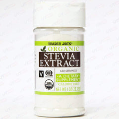 Trader Joe's Organic Stevia bottle—concentrated extract for calorie-free sweetness in beverages