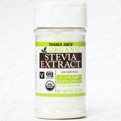 Trader Joe's Organic Stevia Extract packaging with organic label and serving suggestions.