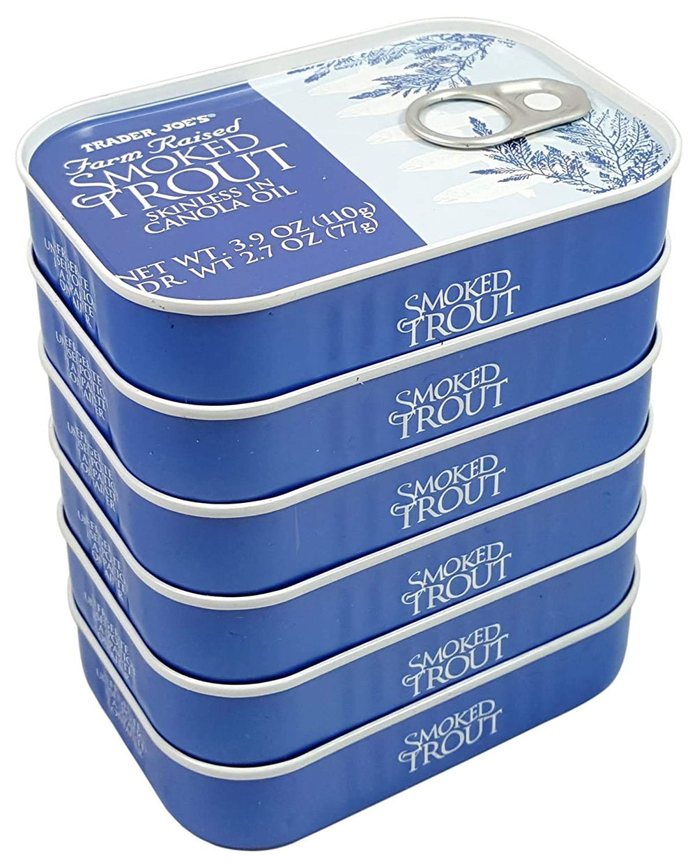Trader Joe's smoked trout fillets in oil, top view, ready-to-serve protein.