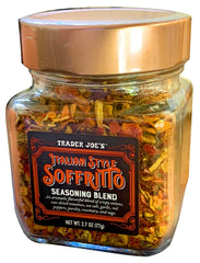 Trader Joe's Soffritto Italian Seasoning bottle adds bold aroma to any dish.