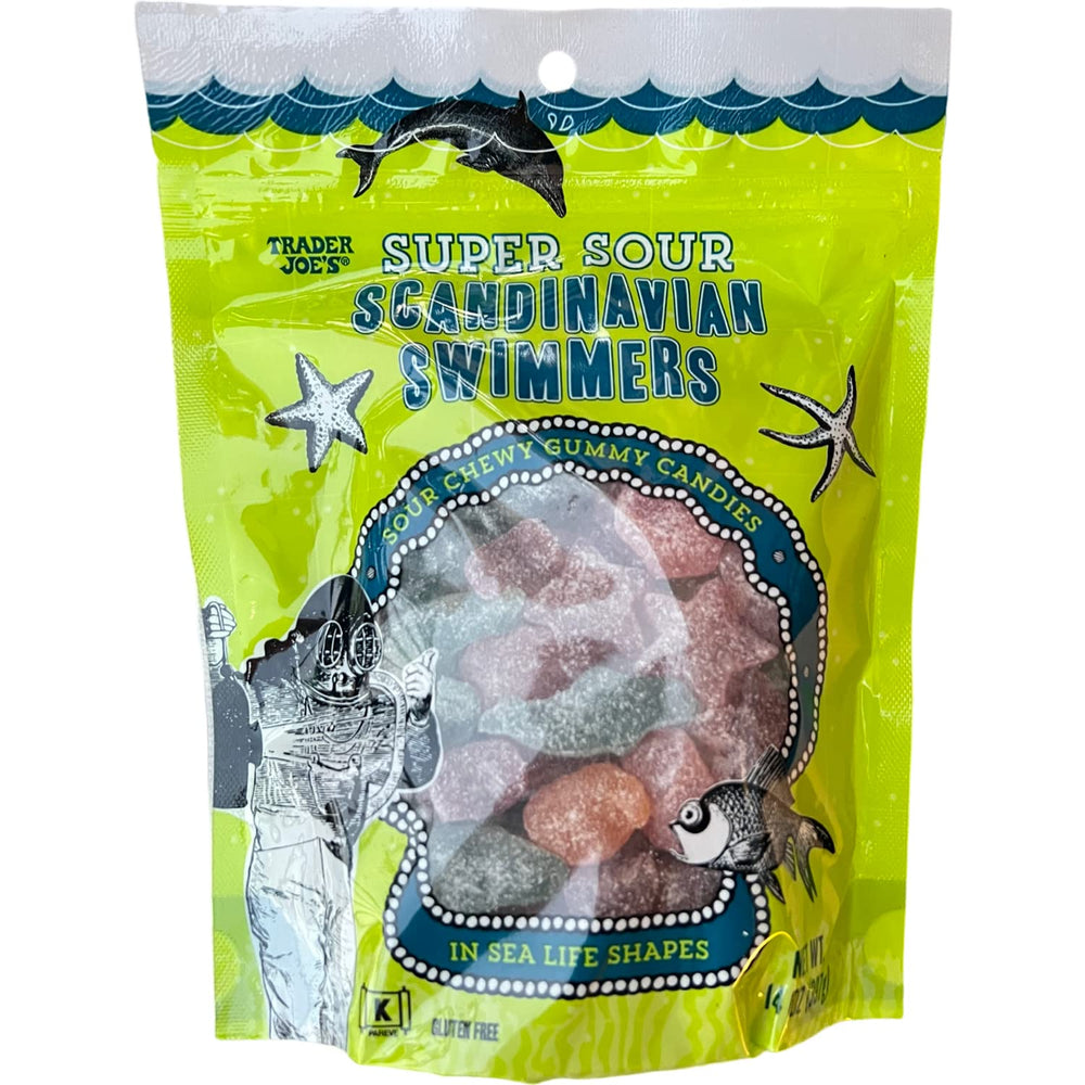 Trader Joe's Super Sour Scandinavian Swimmers gummies pack, gluten-free and kosher appeal