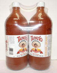Label close-up of Trader Joe's Tapatio hot sauce showing peppers and heat.