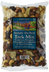 Trader Joe's Trek Mix bag front shows cashews, almonds, and fruits for on-the-go snacking
