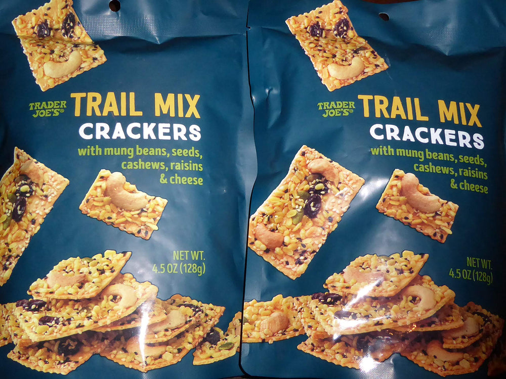 TraderB Trail Mix Crackers mung beans visible; convenient snack for travel.