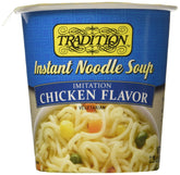 Tradition imitation chicken flavor instant noodle cup ready in minutes.