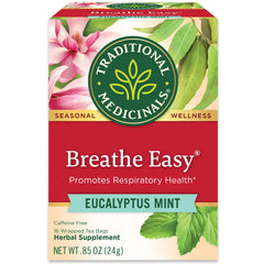 Traditional Medicinals Breathe Easy box with calming aroma and herbal blend.