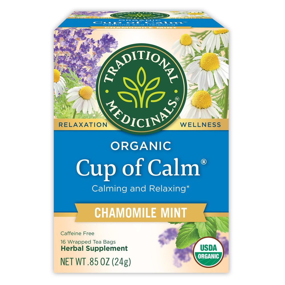 Traditional Medicinals Cup of Calm tea bags ready to brew for a calming routine.