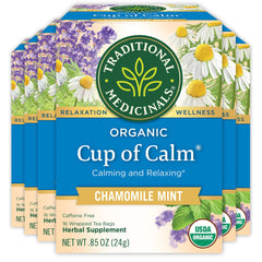 Traditional Medicinals Cup of Calm tea bags offer a relaxing, caffeine-free moment.