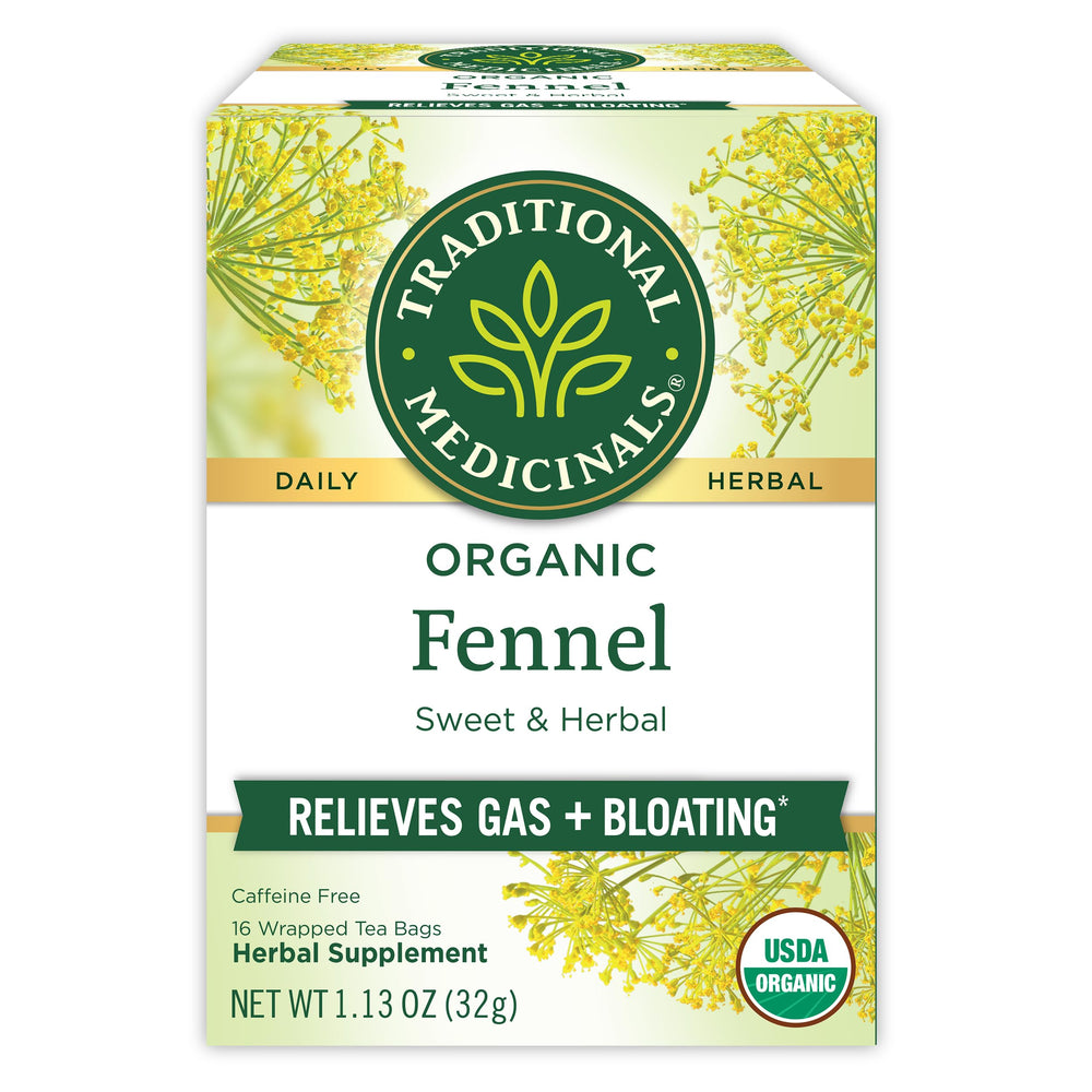 Traditional Medicinals fennel tea box with 16 bags for digestive comfort.