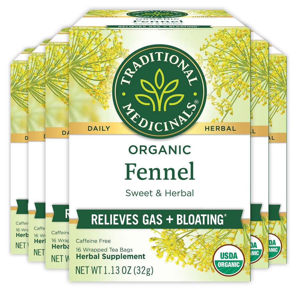Traditional Medicinals Organic Fennel Tea packaging front, digestion-friendly herbal blend.