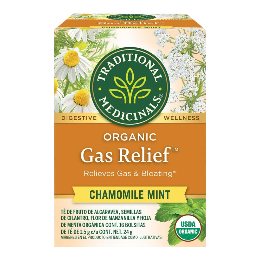 Traditional Medicinals gas-relief tea bags 16-count ready to brew for gentle digestion.