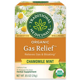 Traditional Medicinals gas relief tea bags in a box for soothing digestion.