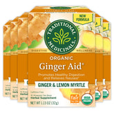 Traditional Medicinals Ginger Aid tea box front highlighting organic digestion support.