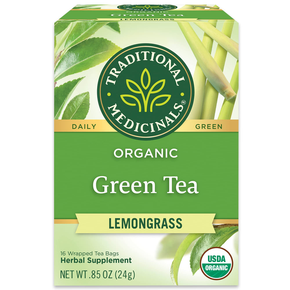 Traditional Medicinals green tea lemongrass tea bags for a refreshing routine.