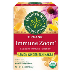 Traditional Medicinals Immune Zoom Lemon Ginger Tea box ready for a comforting, caffeine-free ritual.