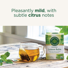 Traditional Medicinals lemon balm tea cup with steam suggests mild citrus flavor