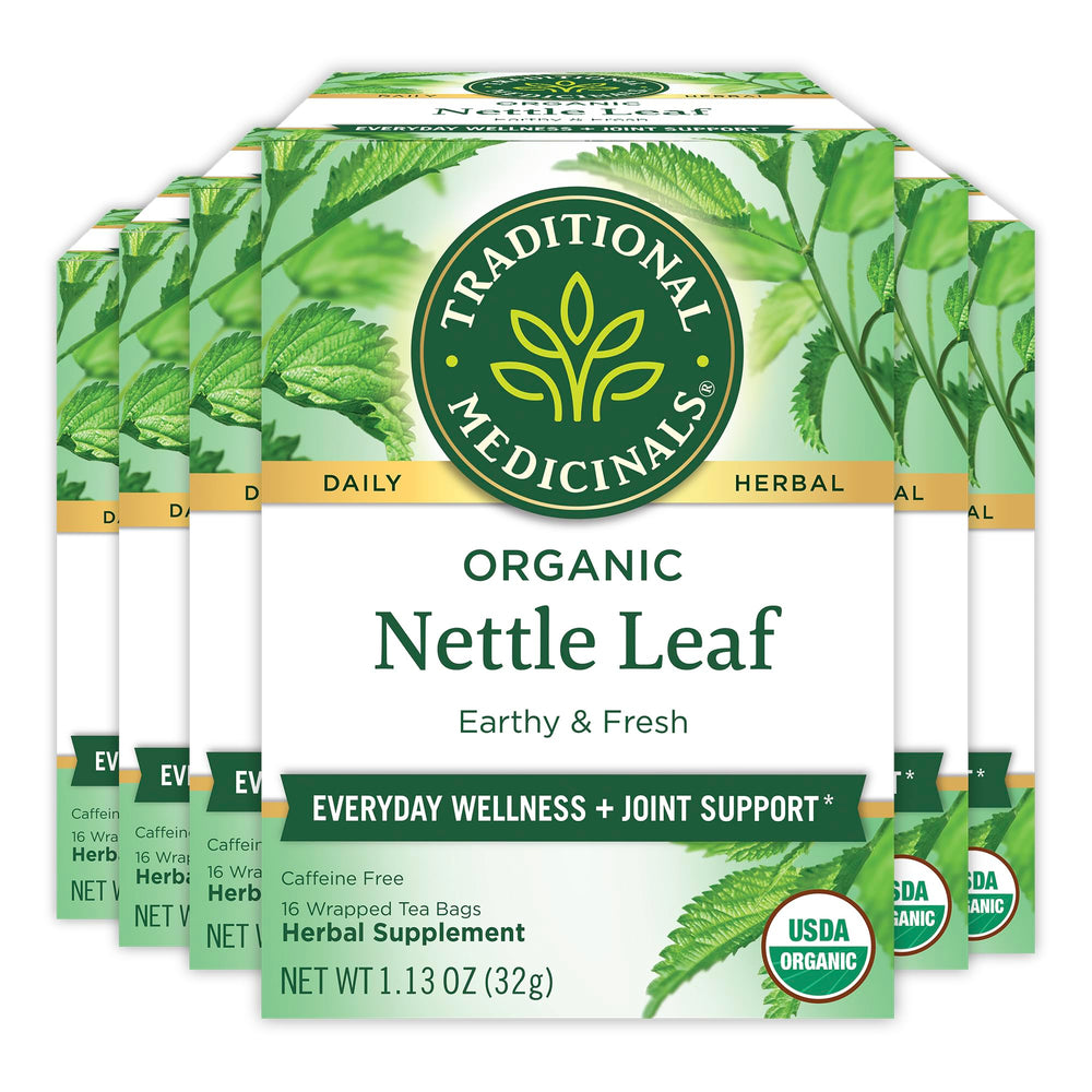 Traditional Medicinals nettle tea box shows organic packaging for wellness.