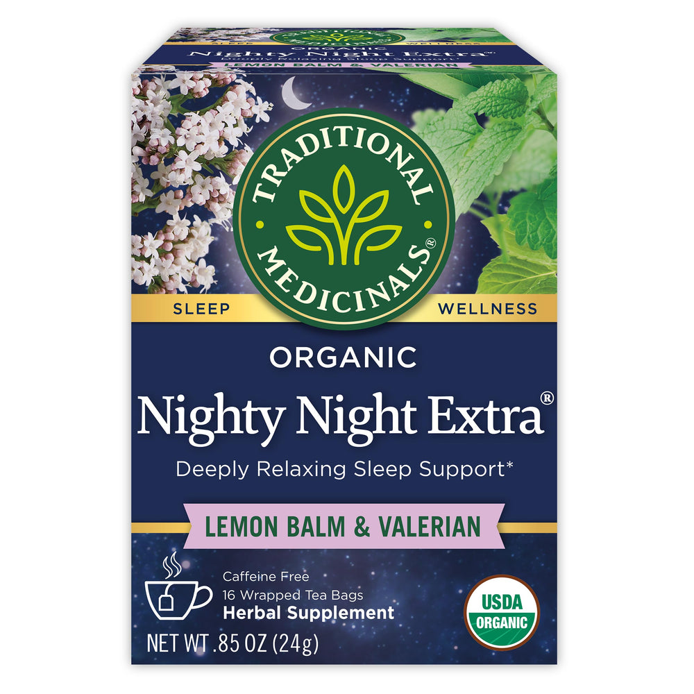 Traditional Medicinals Nighty Night Extra tea bags for a calming evening ritual.