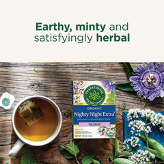 Traditional Medicinals Nighty Night Extra tea with valerian root closeup.