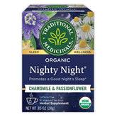 Traditional Medicinals Nighty Night Tea cup steeping for a calming bedtime ritual.