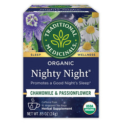 Traditional Medicinals Nighty Night Tea cup steeping for a calming bedtime ritual.