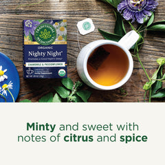 Traditional Medicinals Nighty Night Tea packaging box highlighting organic, kosher labeling.