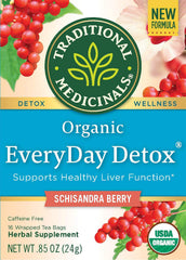 Traditional Medicinals Organic Everyday Detox bags with schisandra, convenient for on-the-go herbal wellness.