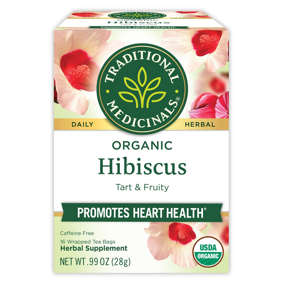 Traditional Medicinals hibiscus tea bags ready for hot or iced servings