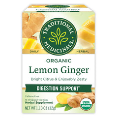 traditional medicinals organic lemon ginger tea carton on shelf for a soothing break.