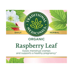 Traditional Medicinals Organic Raspberry Leaf Tea box with 16 caffeine-free bags for a comforting brew.