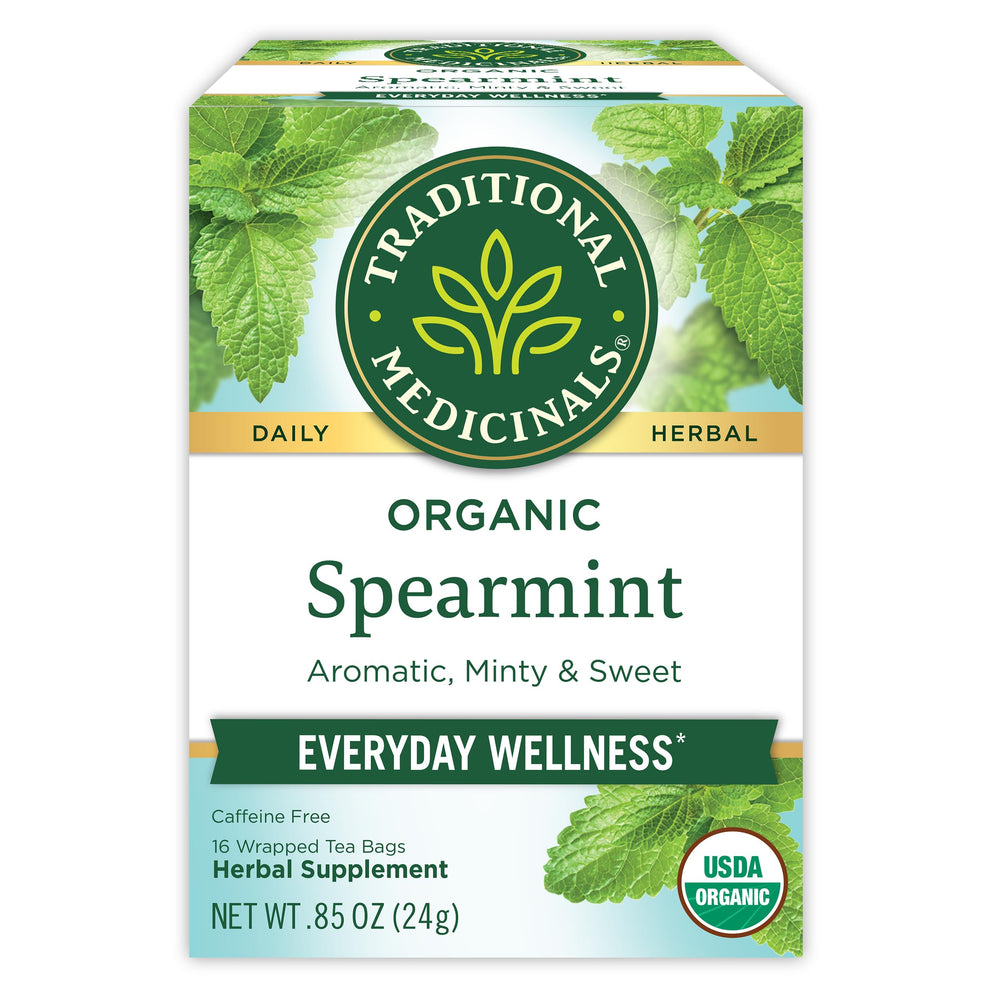 Traditional Medicinals Organic Spearmint Tea tea bags offer a caffeine-free break