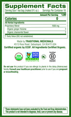 Traditional Medicinals organic tea box highlights the ginger and chamomile blend.
