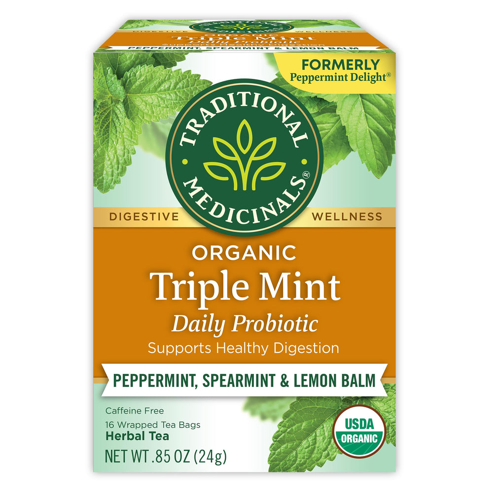 Traditional Medicinals Organic Triple Mint Tea packaging highlights organic, caffeine-free digestion-friendly blend.
