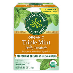 Traditional Medicinals Organic Triple Mint Tea packaging highlights organic, caffeine-free digestion-friendly blend.