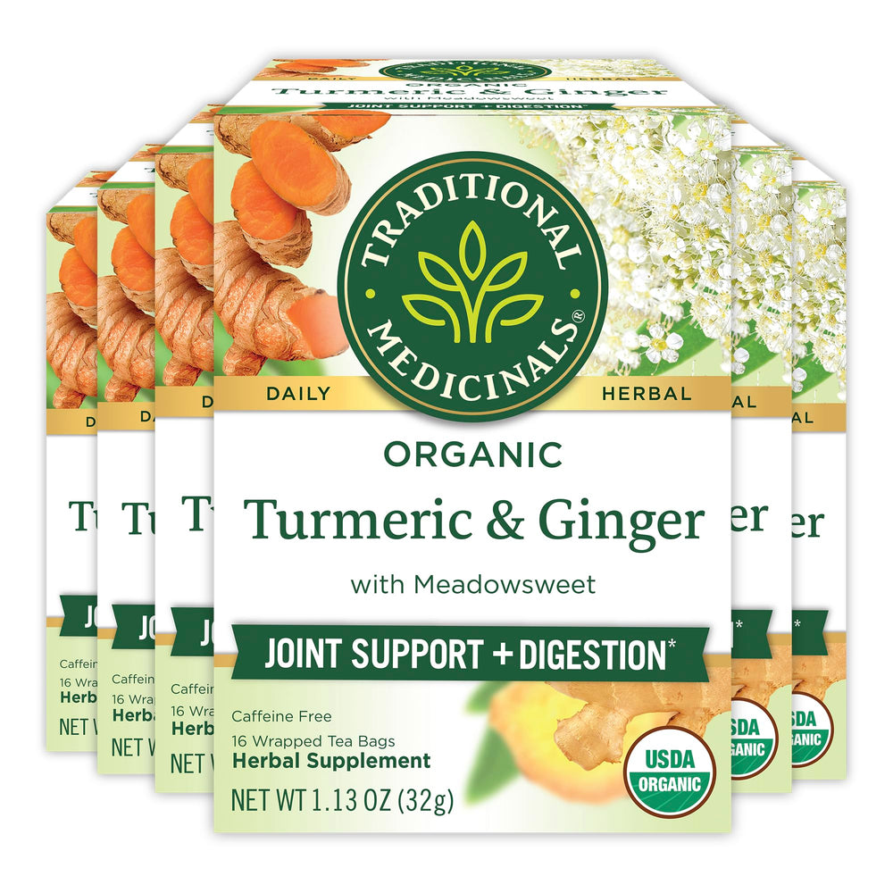 Traditional Medicinals Organic Turmeric with Meadowsweet & Ginger Tea front view for a comforting evening ritual.