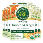 Traditional Medicinals Organic Turmeric with Meadowsweet & Ginger Tea front view for a comforting evening ritual.