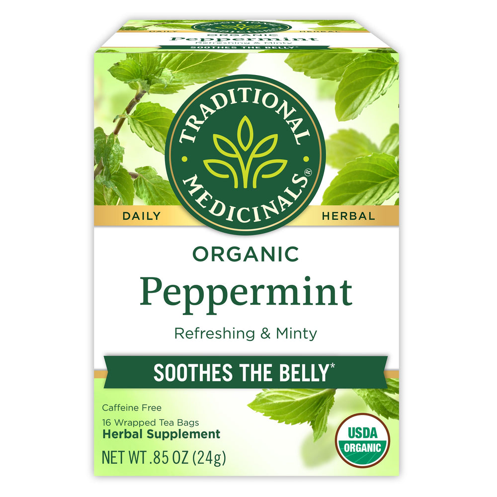 Traditional Medicinals peppermint tea bags show organic leaves for a refreshing scent and flavor.
