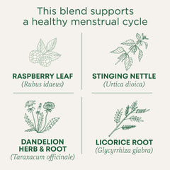 Traditional Medicinals Raspberry leaf blend highlighted, suggesting tradition-based support for monthly comfort.