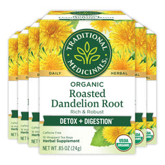Traditional Medicinals roasted dandelion root tea bags in a box, supports digestive comfort.