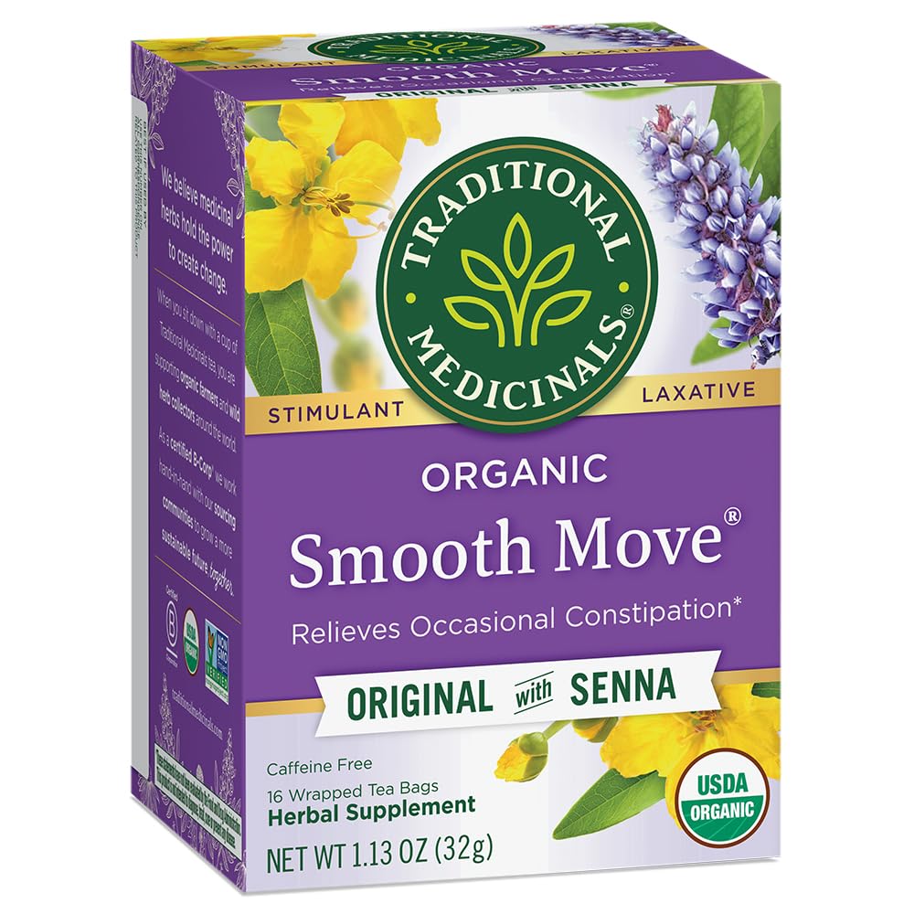 Traditional Medicinals Smooth Move box front with 16 tea bags for occasional relief.