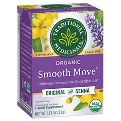 Traditional Medicinals Smooth Move box front with 16 tea bags for occasional relief.