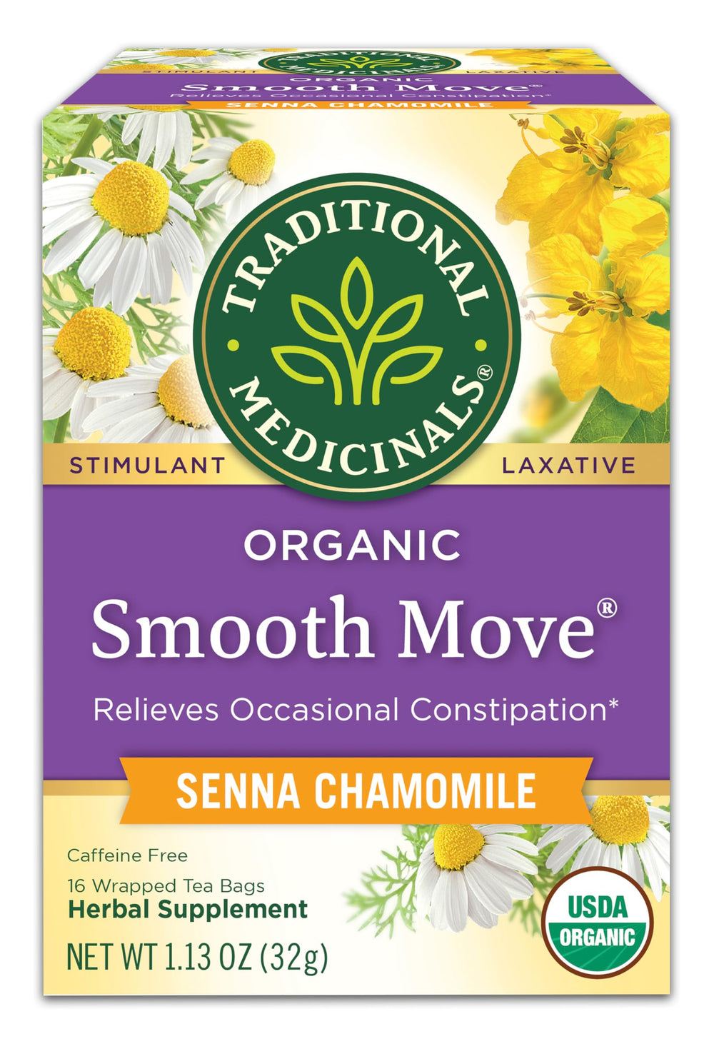 Traditional Medicinals Smooth Move tea bag closeup showing herbal blend for gentle overnight relief