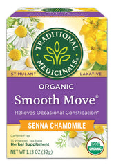 Traditional Medicinals Smooth Move tea bag closeup showing herbal blend for gentle overnight relief