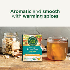 Traditional Medicinals Stress Ease steaming cup of tea with fragrant steam.