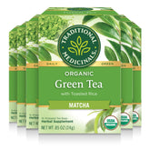 Traditional Medicinals green tea matcha genmaicha tea bag closeup with earthy aroma