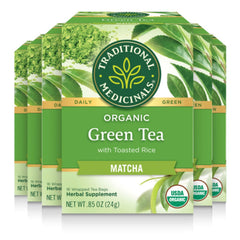 Traditional Medicinals green tea matcha genmaicha tea bag closeup with earthy aroma