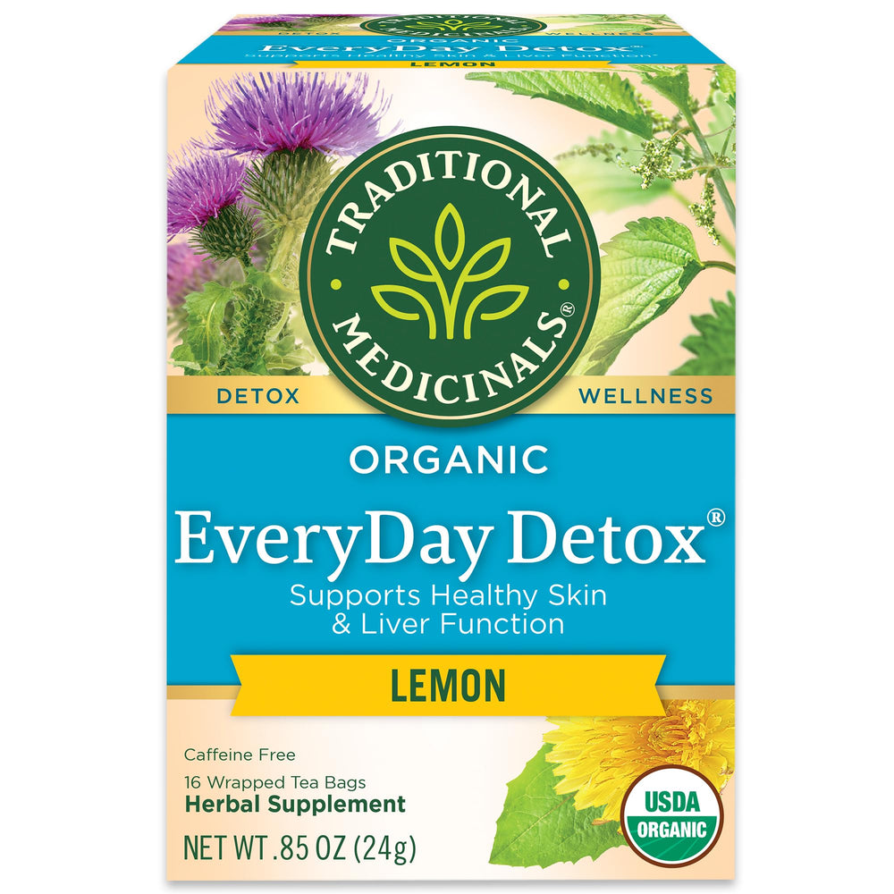 Traditional Medicinals Everyday Detox Lemon packaging shows an organic blend for daily refresh.