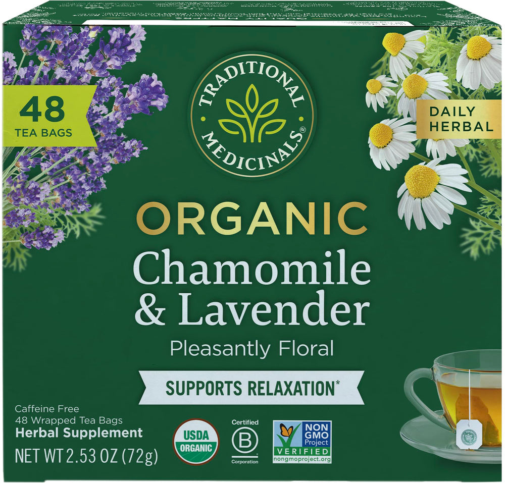 Traditional Medicinals tea box with organic chamomile and lavender for calm