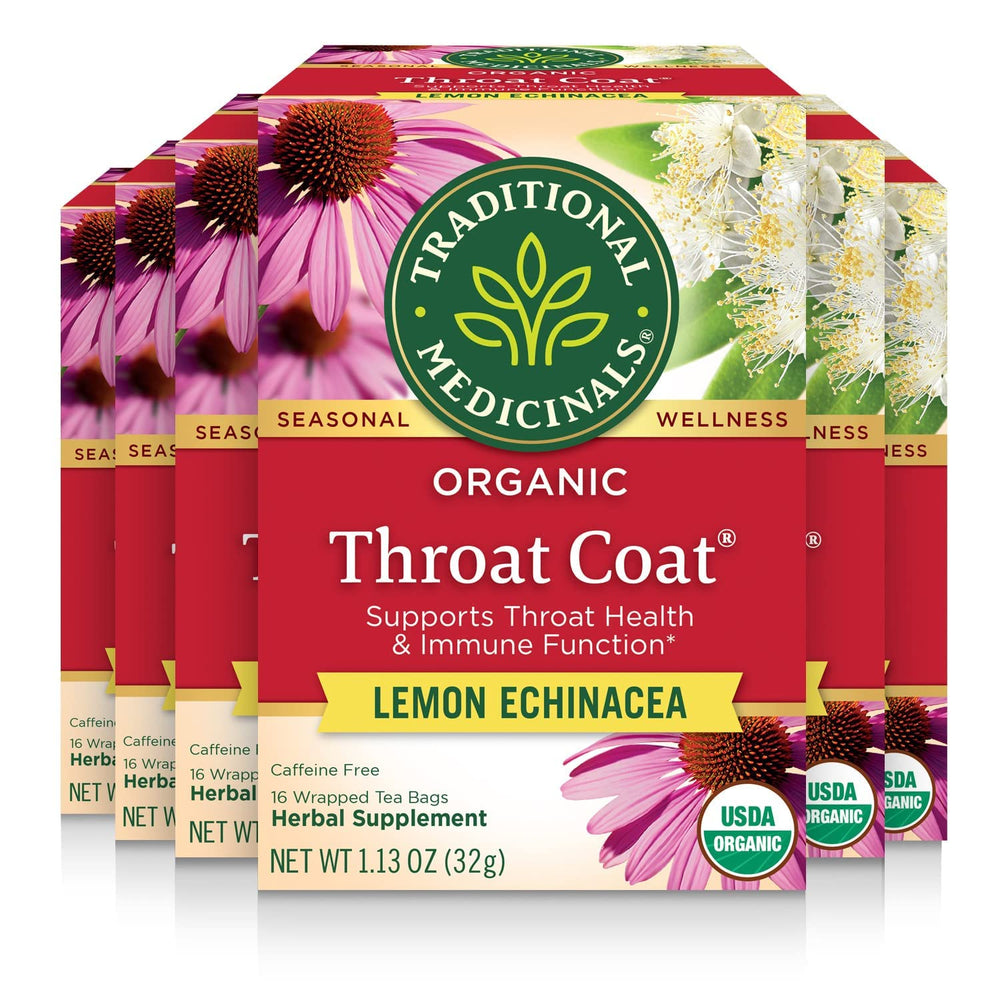 Traditional Medicinals Throat Coat lemon echinacea tea bags for soothing throat comfort.
