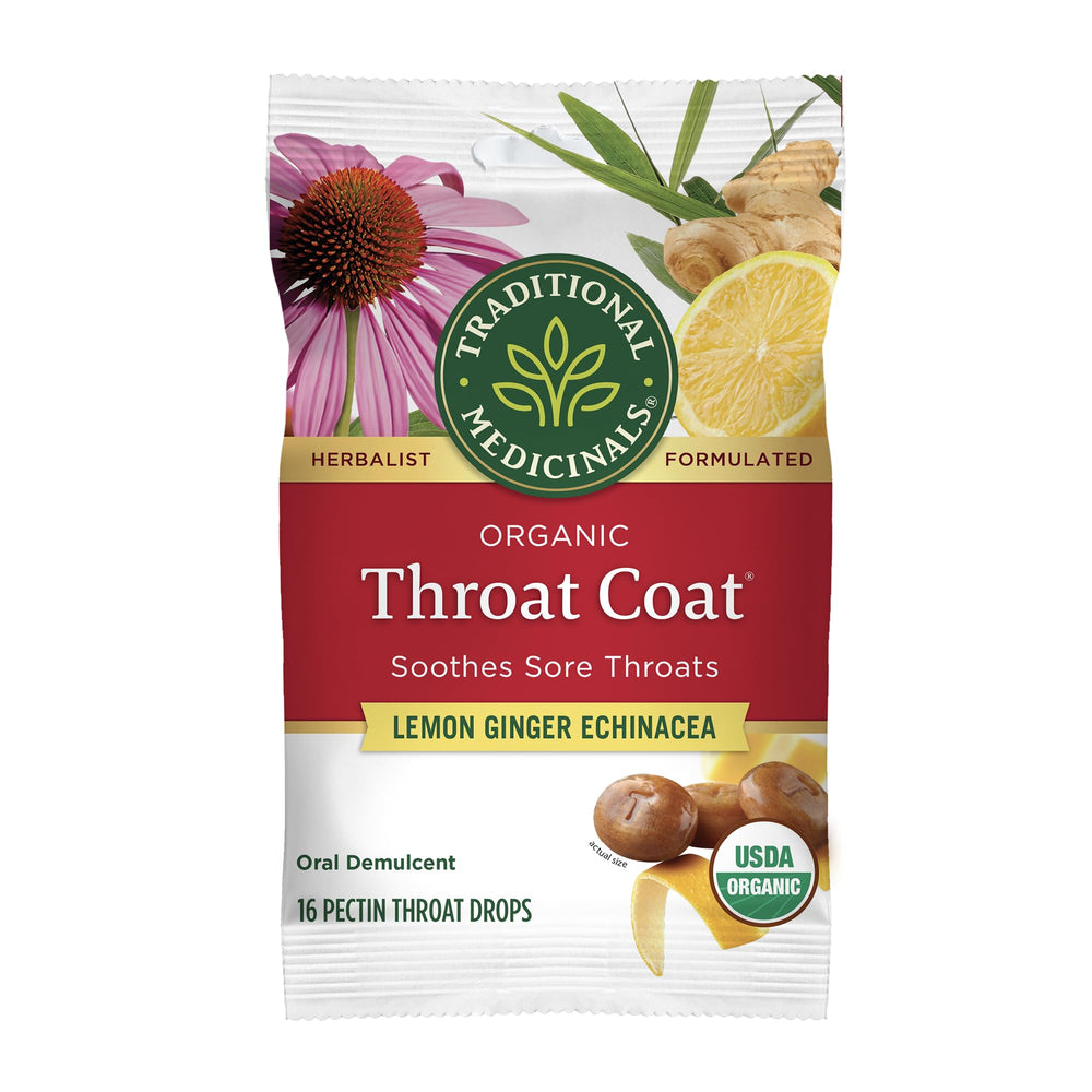 Traditional Medicinals throat coat lozenges lemon ginger echinacea package on shelf for on-the-go relief